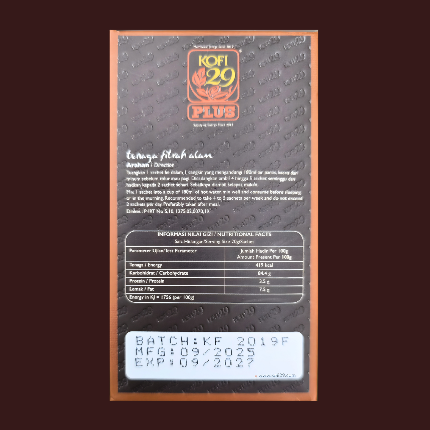 Kofi 29 Plus brewing directions and nutritional facts panel — 419 kcal per 100g