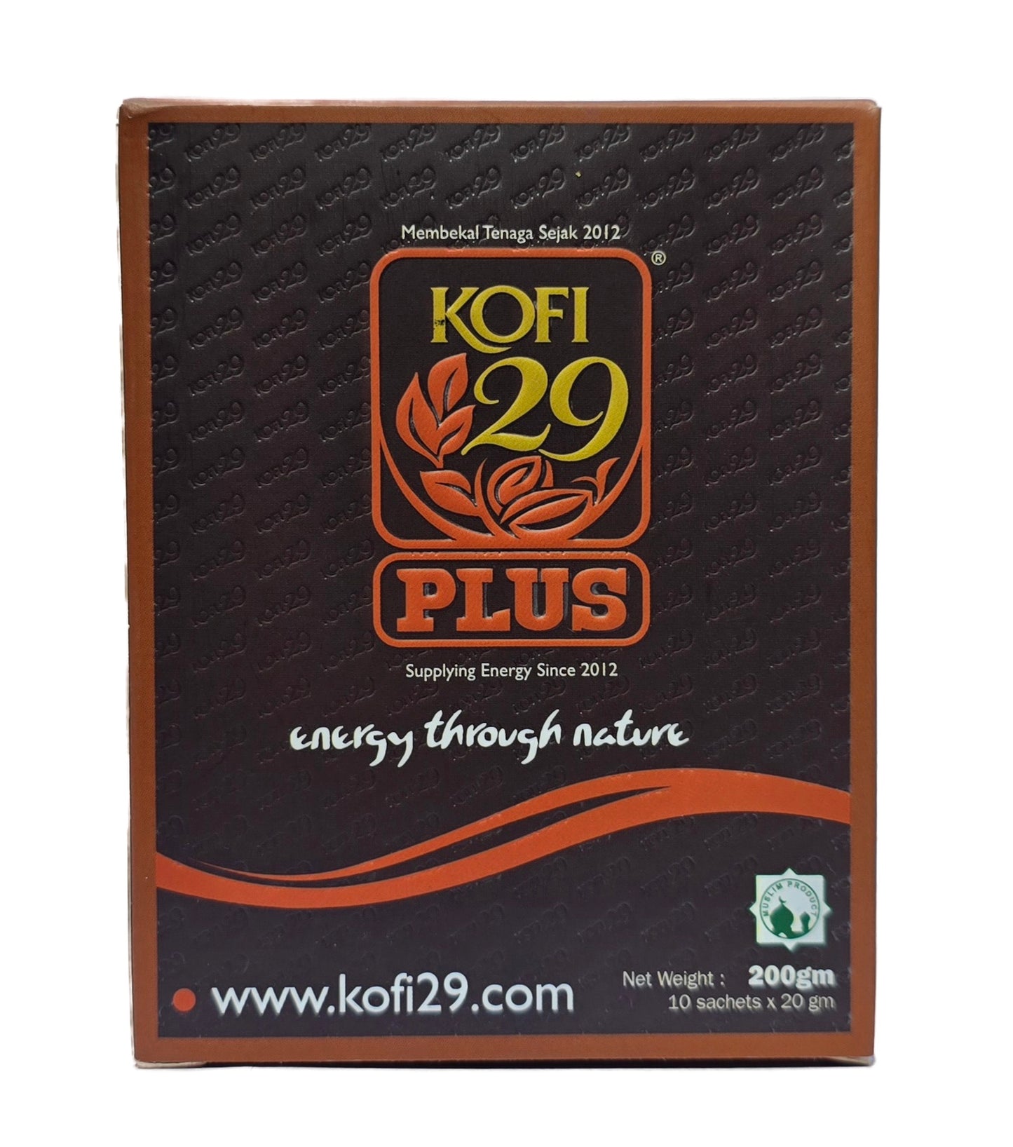 Front of the Kofi 29 Plus box — Energy Through Nature side, Muslim-certified product