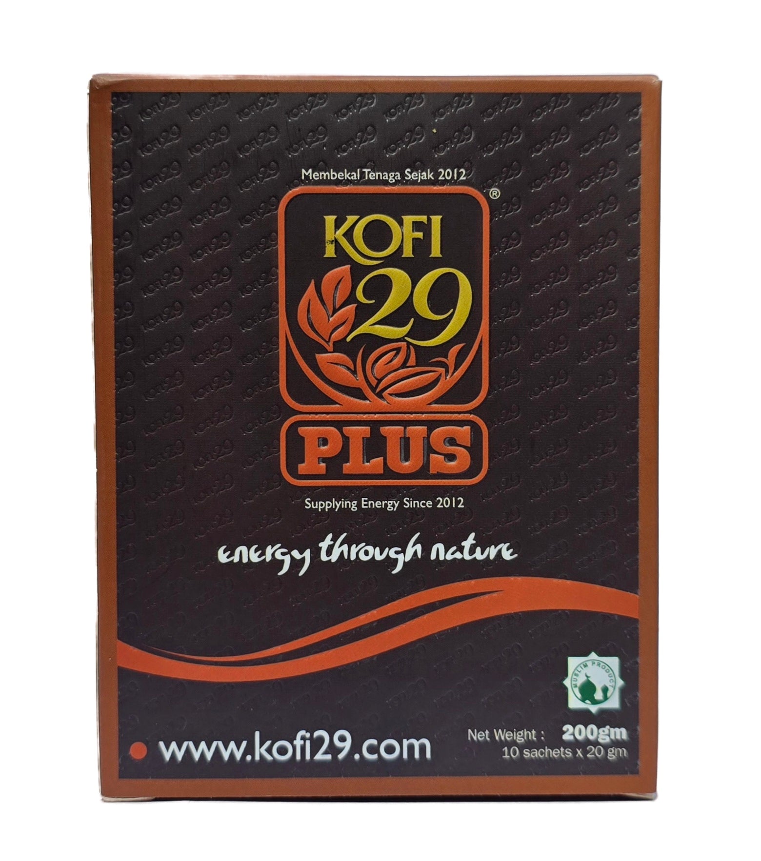 Front of the Kofi 29 Plus box — Energy Through Nature side, Muslim-certified product