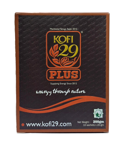 Front of the Kofi 29 Plus box — Energy Through Nature side, Muslim-certified product