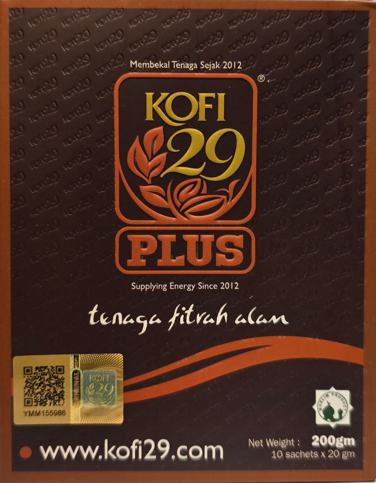 Front of the Kofi 29 Plus 200g box — Malay side with QR authentication code
