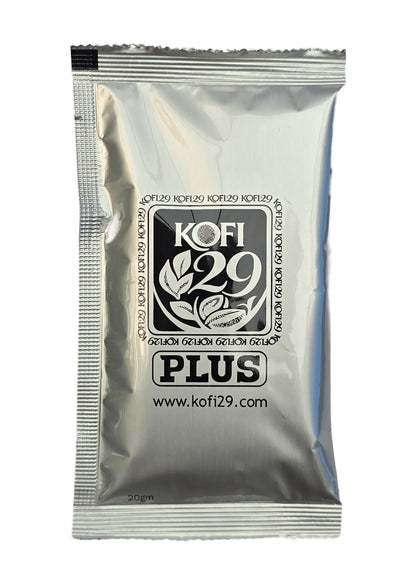 Single 20g Kofi 29 Plus sachet — natural energy coffee with five botanicals