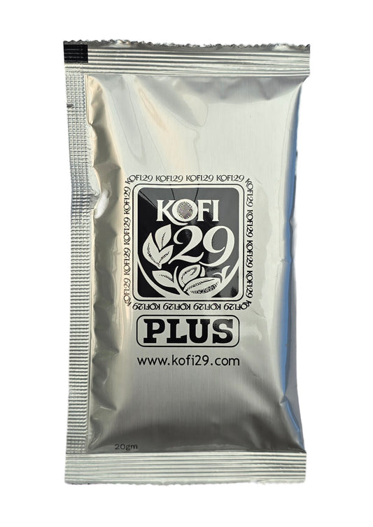 Single 20g Kofi 29 Plus sachet — natural energy coffee with five botanicals